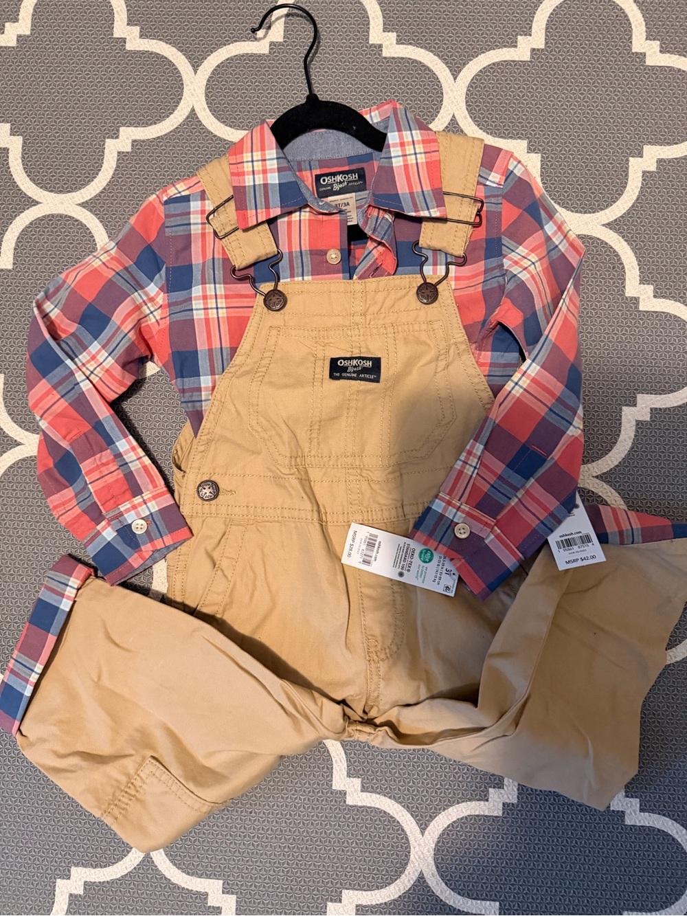 OshKosh B'gosh Tan Overalls with Red & Blue Plaid Shirt
